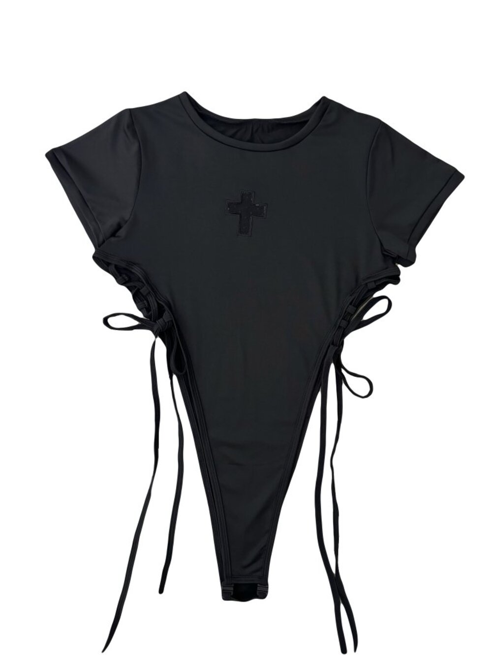Lace-up side kawaii black cross patch bodysuit
